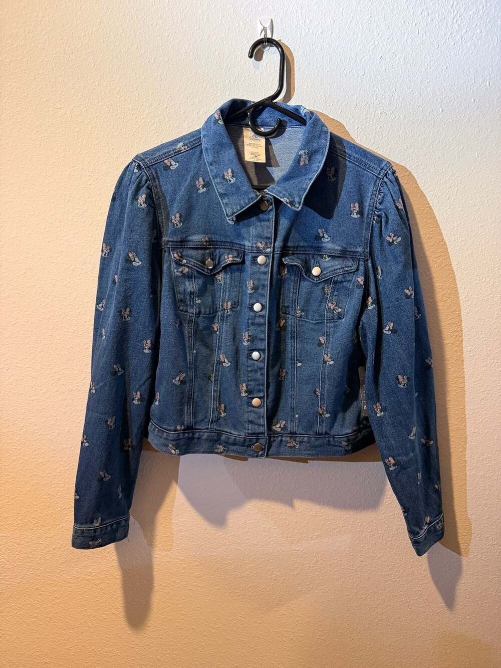 Disney Minnie Mouse Denim Jacket Size L Blue Cropped Puff Sleeve